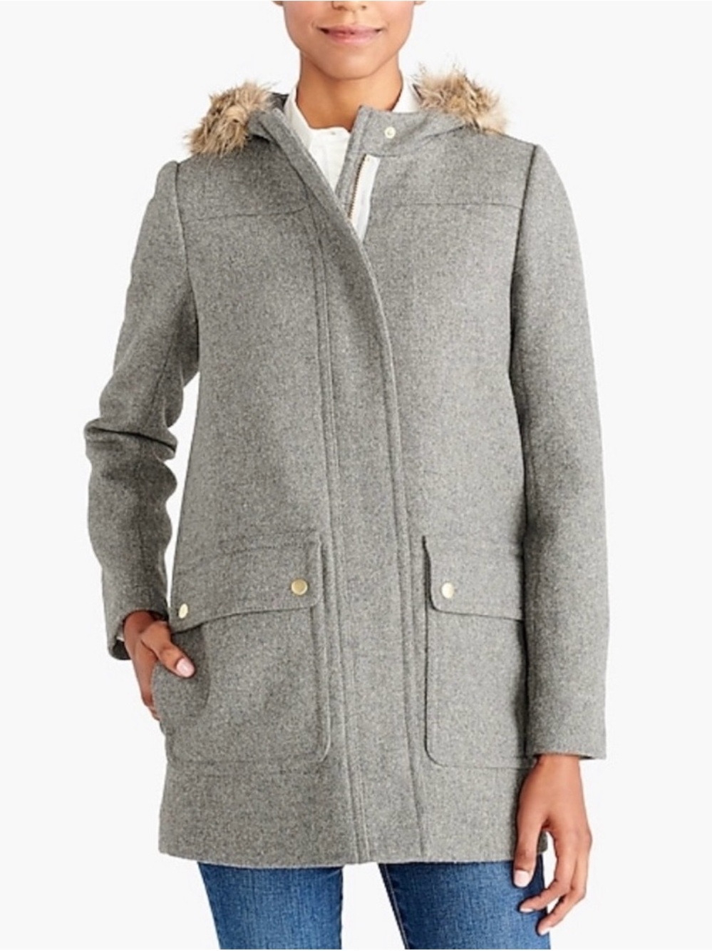 J. Crew Women’s Vail Wool Blend Parka Pea Coat w/ Faux Fur Trim Graphite Size 4